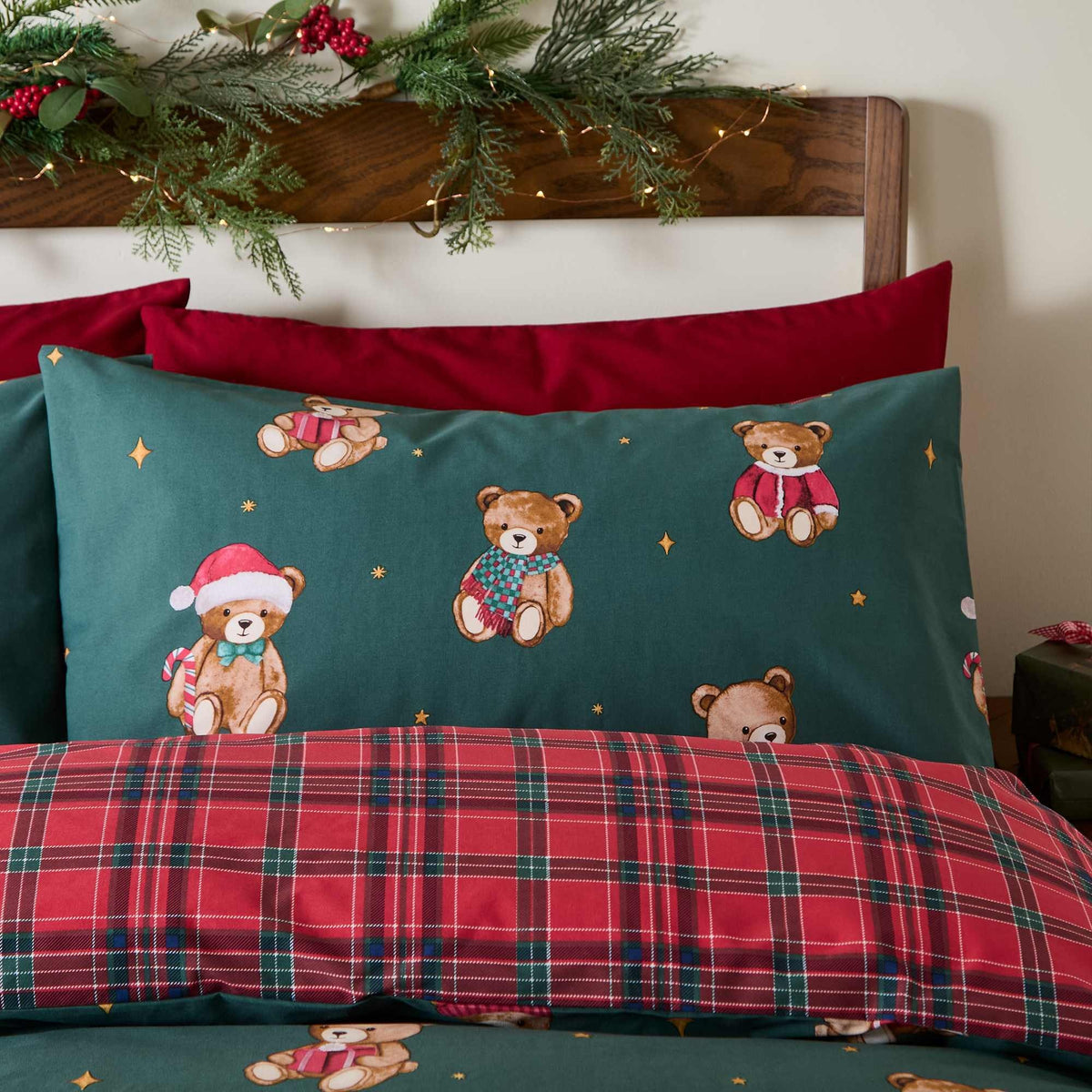Christmas Tartan Teddy Bear Green Duvet Cover Set - Single