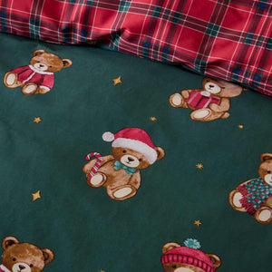 Christmas Tartan Teddy Bear Green Duvet Cover Set - Single
