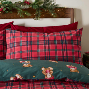 Christmas Tartan Teddy Bear Green Duvet Cover Set - King