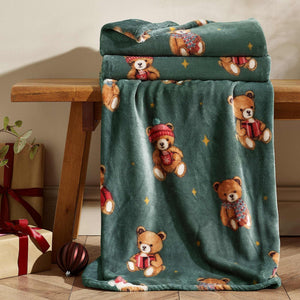 Christmas Tartan Teddy Bear Green Throw