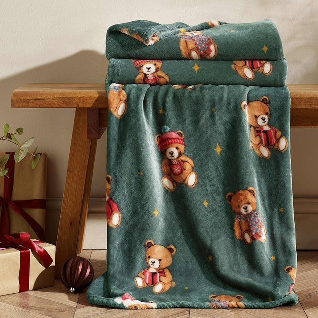 Christmas Tartan Teddy Bear Green Throw