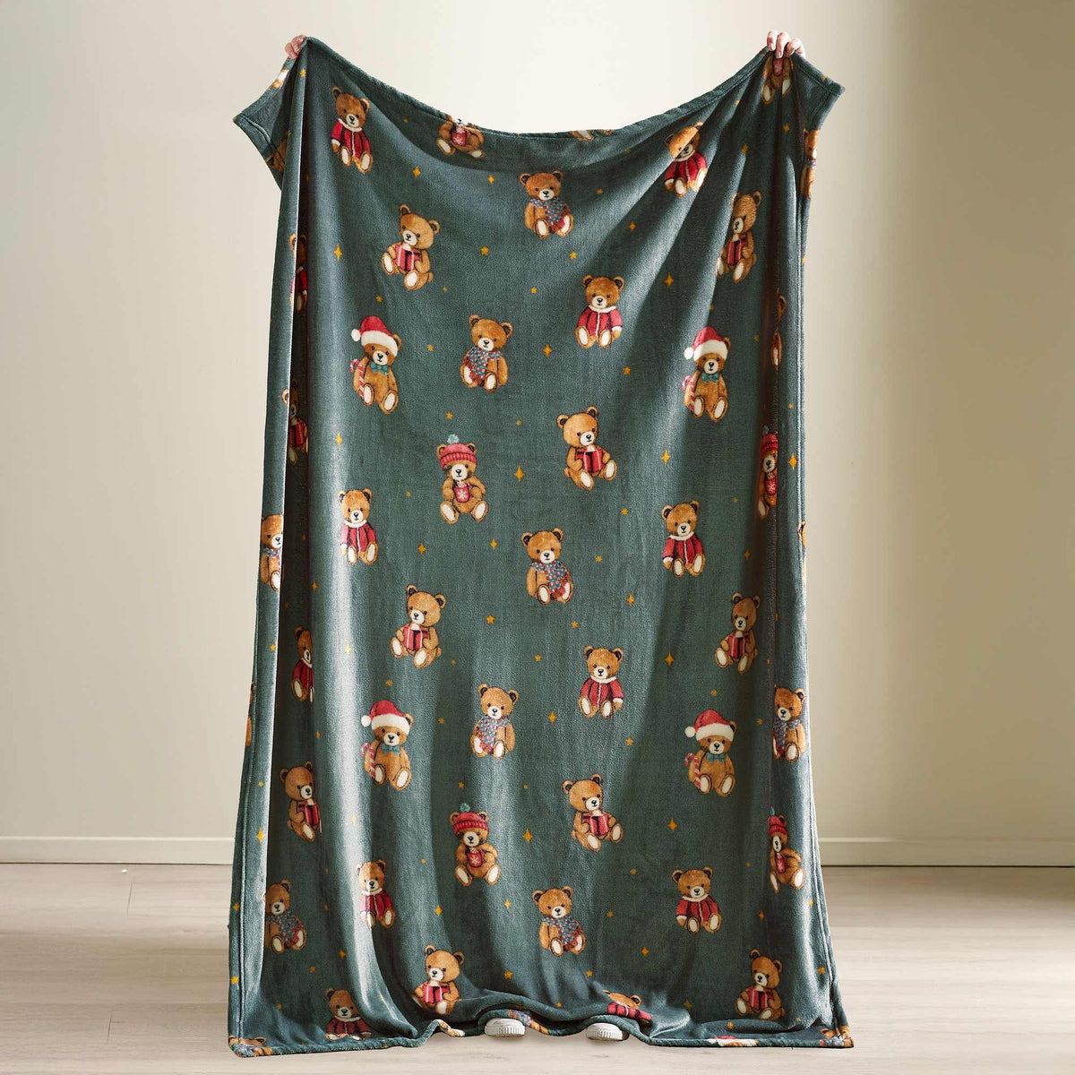 Christmas Tartan Teddy Bear Green Throw