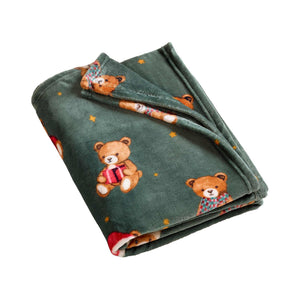 Christmas Tartan Teddy Bear Green Throw