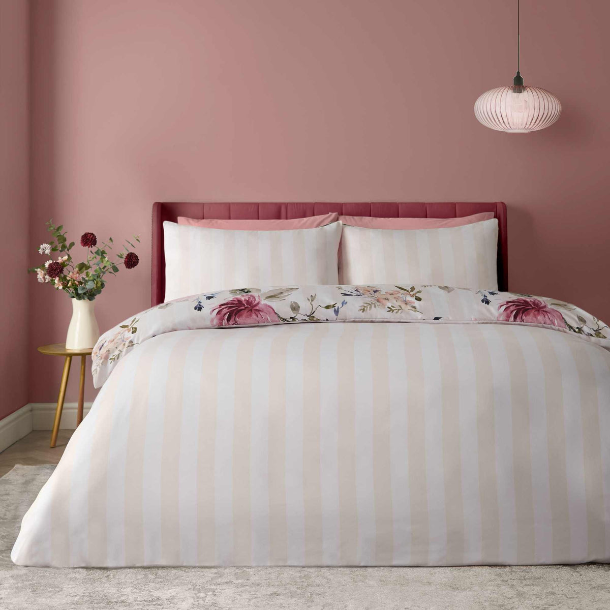 Floral Stripe Cream Duvet Cover Set - King