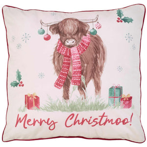 Christmas Highland Cow Natural Filled Cushion - 45 x 45cm