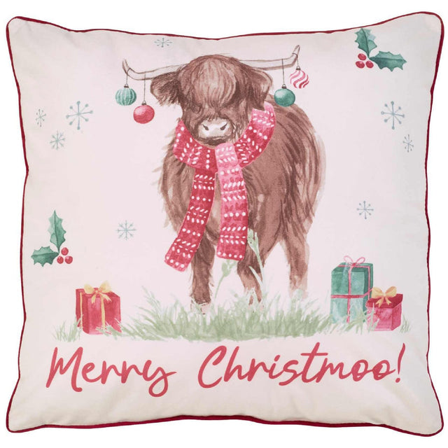 Christmas Highland Cow Natural Filled Cushion - 45 x 45cm