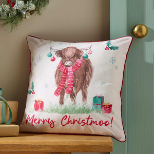 Christmas Highland Cow Natural Filled Cushion - 45 x 45cm