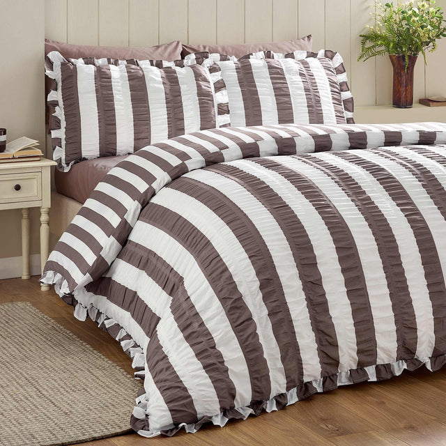 Seersucker Frill Stripe Chocolate Duvet Cover Set - Super King