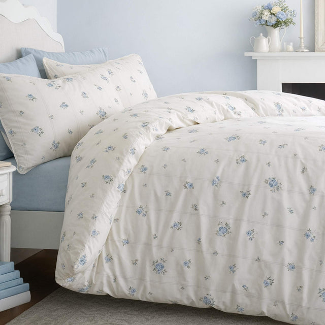 Vintage Rosebud Lace Blue Duvet Cover Set - King