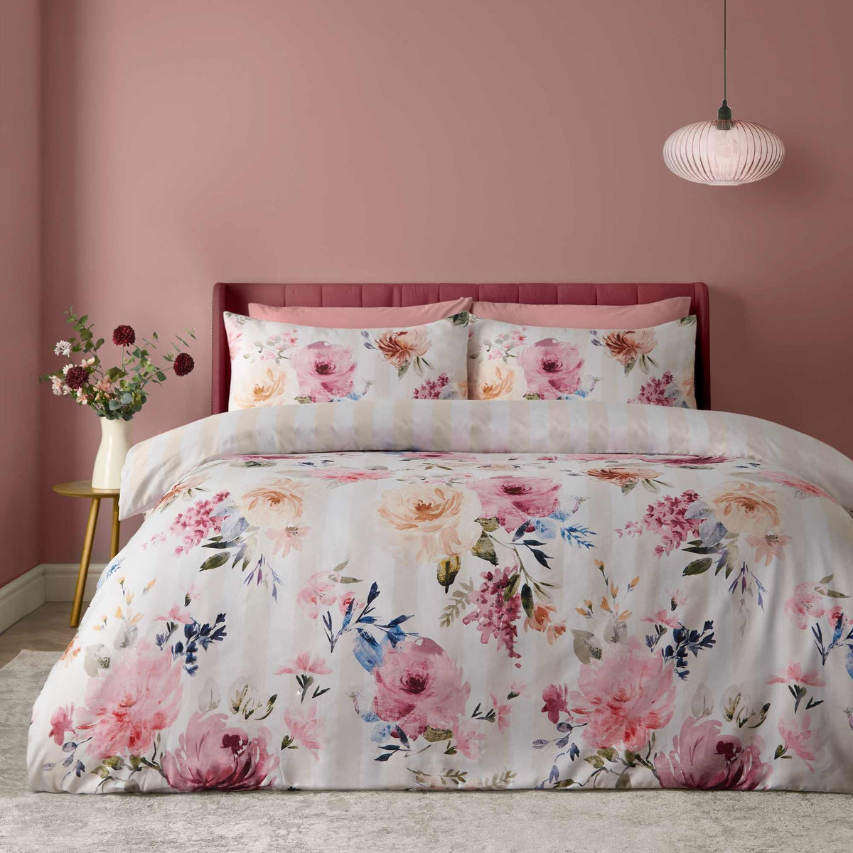 Floral Stripe Cream Duvet Cover Set - Super King