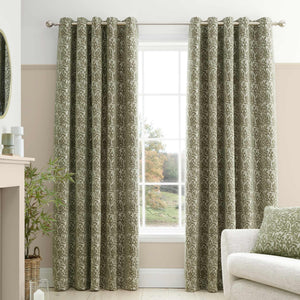 Chenille Leaves Green Eyelet Curtains - 66" x 90"