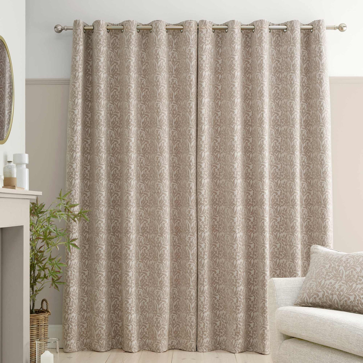 Chenille Leaves Natural Eyelet Curtains - 90" x 90"