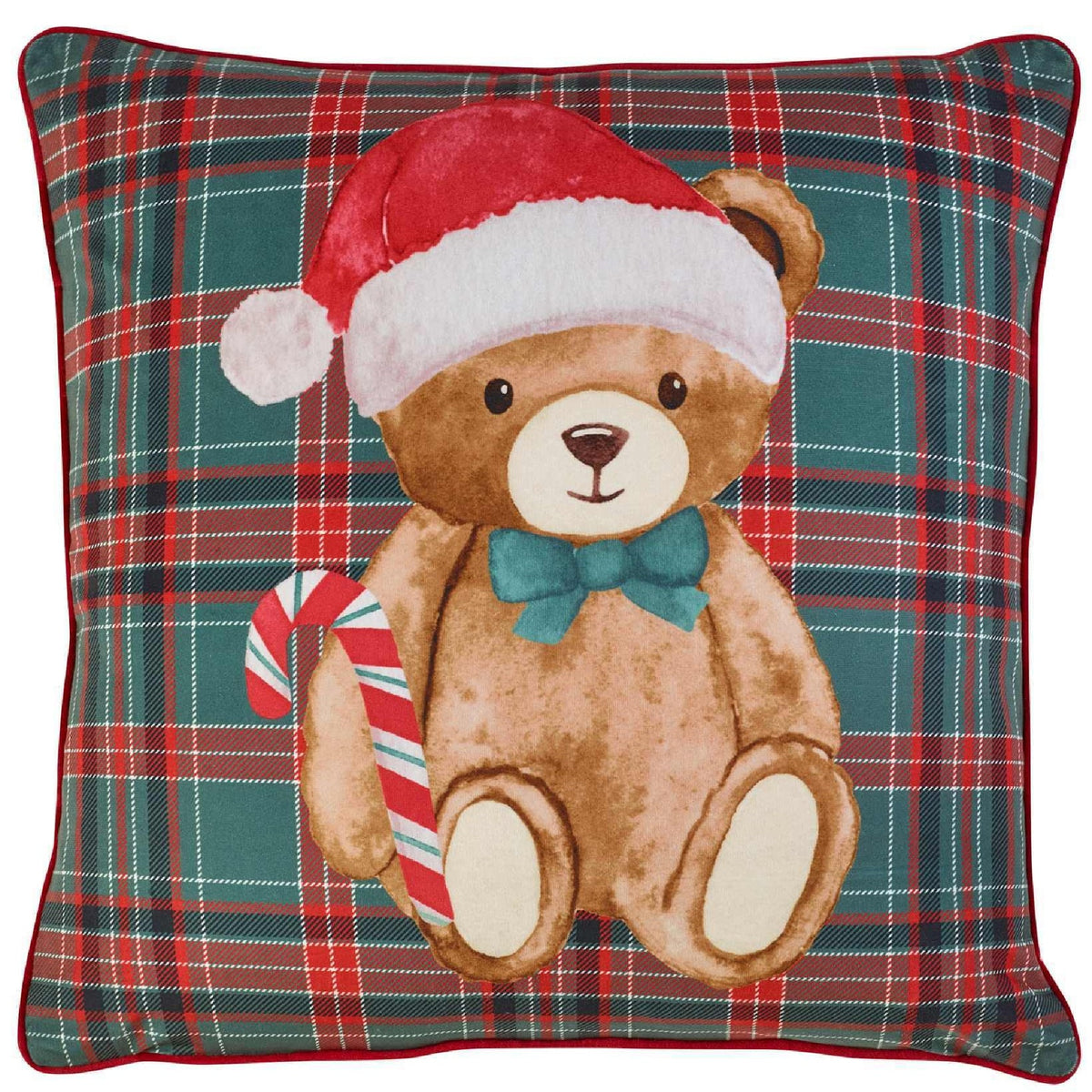 Christmas Tartan Teddy Bear Green Filled Cushion - 45 x 45cm