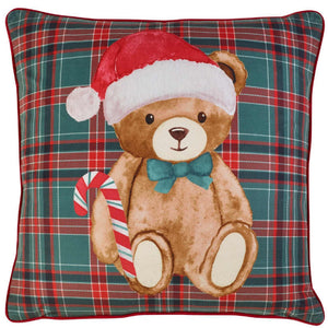 Christmas Tartan Teddy Bear Green Filled Cushion - 45 x 45cm