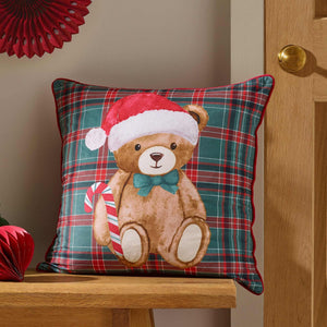 Christmas Tartan Teddy Bear Green Filled Cushion - 45 x 45cm
