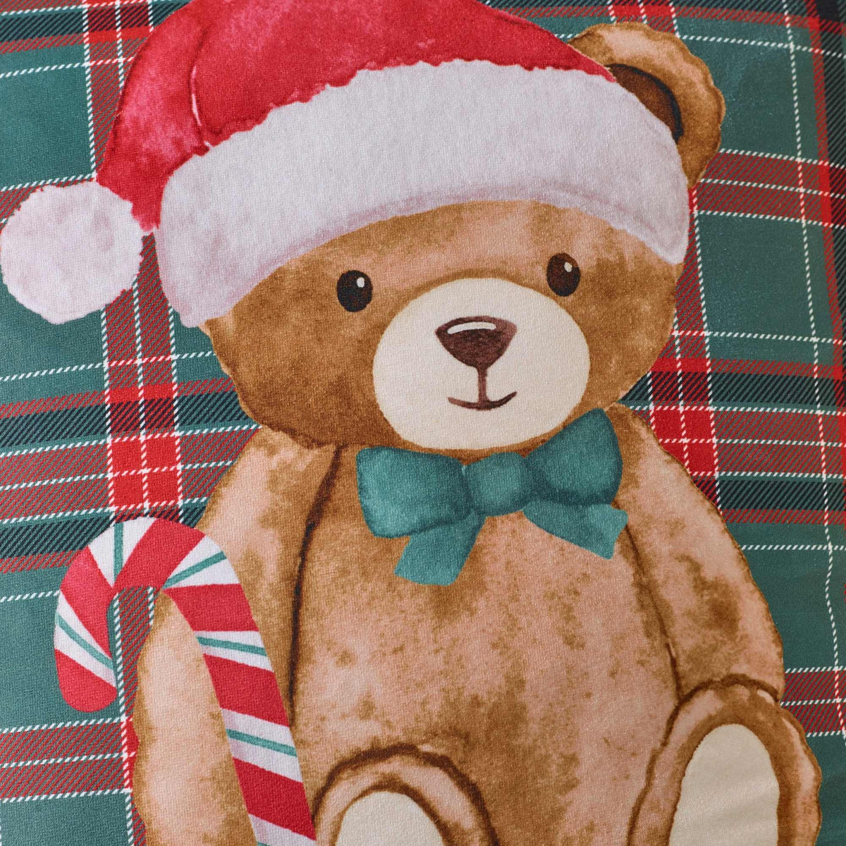 Christmas Tartan Teddy Bear Green Filled Cushion - 45 x 45cm