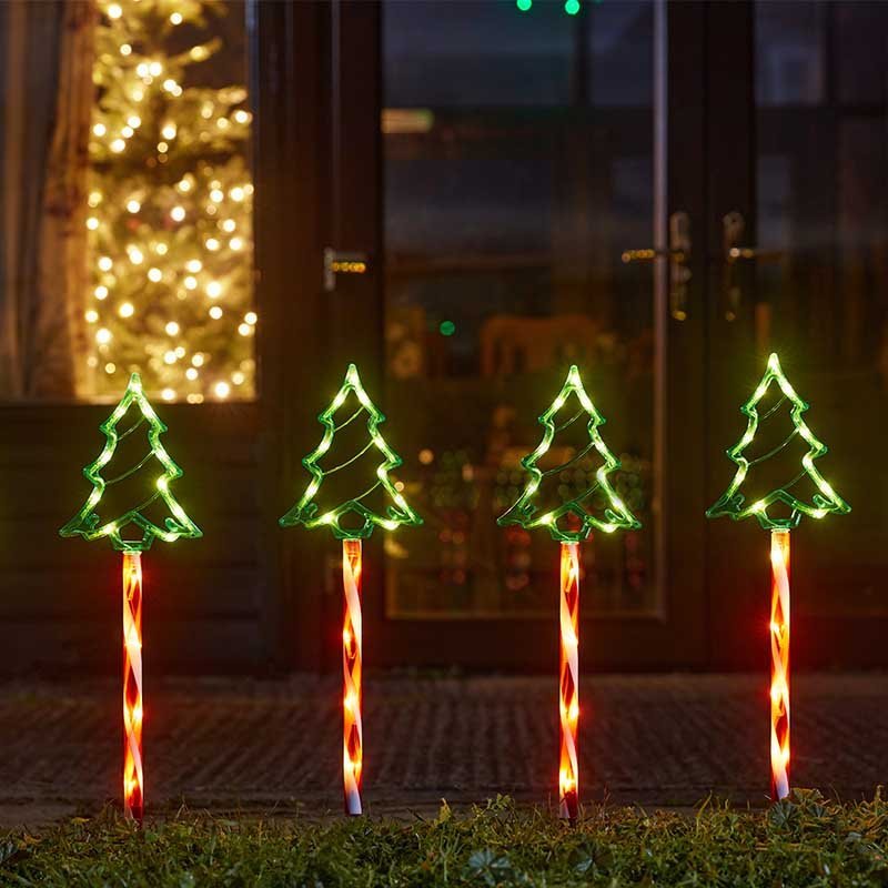Set Of 4 LED Christmas Tree Pathway Stakes With Timer - XMAS LIGHTED OUTDOOR DECOS - Beattys of Loughrea