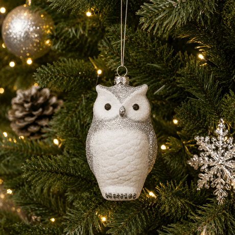 Glitzy Arctic Owl Pendant Christmas Tree Ornament - XMAS BAUBLES - Beattys of Loughrea