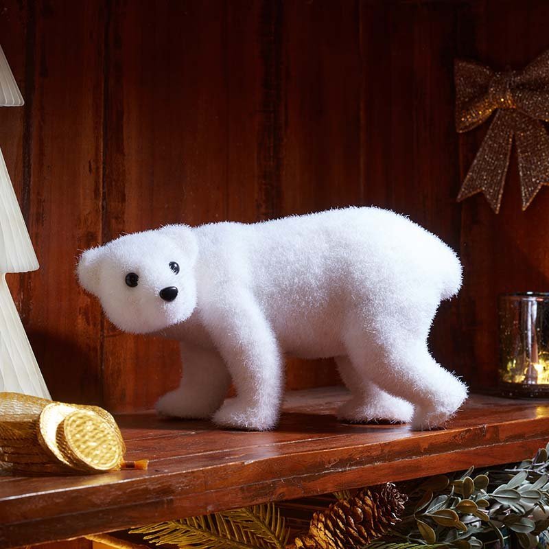 Flocked Polar Bear Decorative Christmas Figurine (15cm) - XMAS SOFT DECOS - Beattys of Loughrea