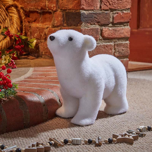 Large Flocked Polar Bear Decorative Christmas Figurine (27cm) - XMAS SOFT DECOS - Beattys of Loughrea