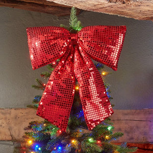 22cm Disco Padded Red Bow Christmas Tree Topper & Hanging Decoration