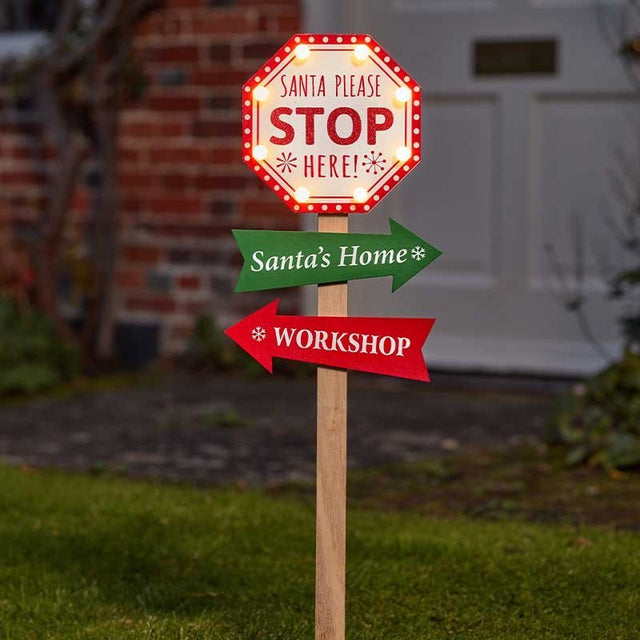 InLit SantaStop! Illuminated Wooden Christmas Garden Sign (74.5cm) - XMAS ROOM DECORATION - LIGHT UP - Beattys of Loughrea