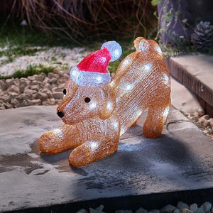InLit Ice SantaPuppy Play! Illuminated Acrylic Christmas Decoration (20cm) - XMAS ROOM DECORATION - LIGHT UP - Beattys of Loughrea