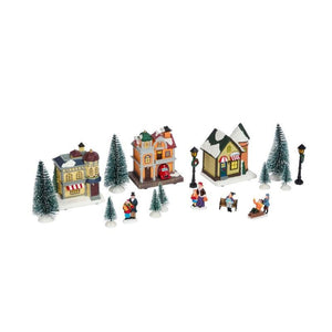 Christmas Avenue Musical Moving SnowScene Village – 17 Piece Set - XMAS CERAMIC WOOD RESIN GLASS ORNAMENTS - Beattys of Loughrea