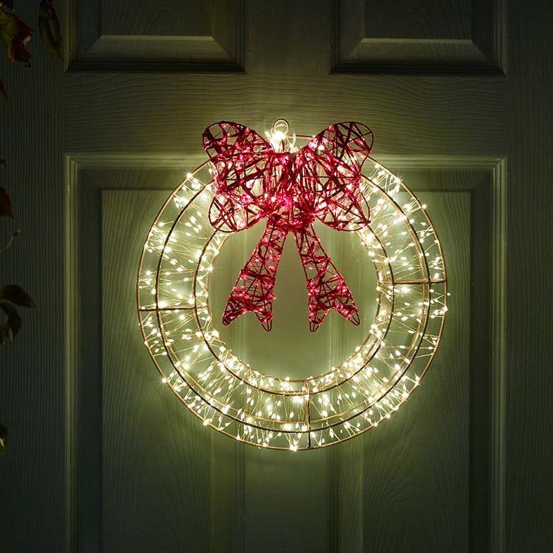 960 LED Galaxy Wreath with Red Bow – Warm White 40cm (Low Voltage) - XMAS LIGHTED OUTDOOR DECOS - Beattys of Loughrea