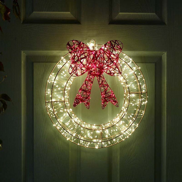 960 LED Galaxy Wreath with Red Bow – Warm White 40cm (Low Voltage) - XMAS LIGHTED OUTDOOR DECOS - Beattys of Loughrea