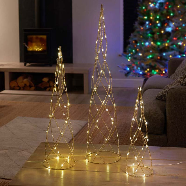 Spiral TreeBelisk Pre-Lit Gold Cones – Set of 3 - XMAS ROOM DECORATION - LIGHT UP - Beattys of Loughrea