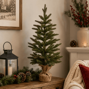 InLit Pre-Lit Sparkly Fir Mini Christmas Tree in Burlap Base – 85cm - XMAS TREE SMALL - Beattys of Loughrea