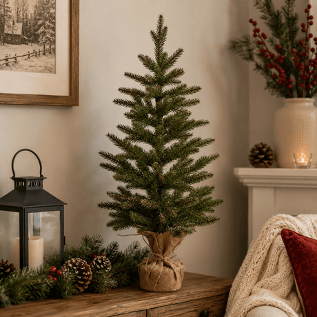 InLit Pre-Lit Sparkly Fir Mini Christmas Tree in Burlap Base – 85cm - XMAS TREE SMALL - Beattys of Loughrea