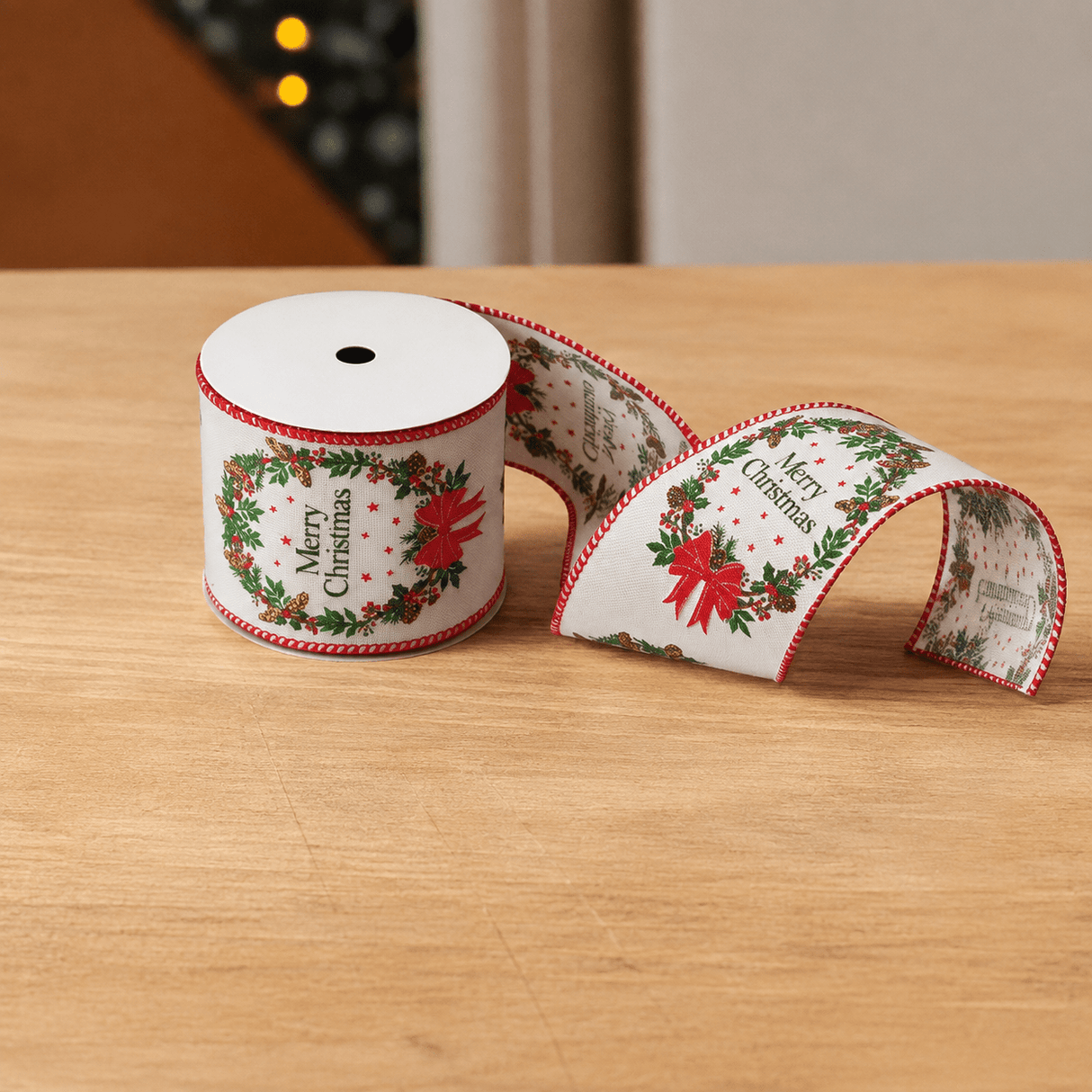 63mm Merry Wreath Premium Wired Christmas Ribbon 3m - XMAS RIBBON TINSEL - Beattys of Loughrea
