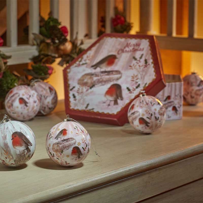 Vintage Robin Christmas Baubles in Gift Box – Set of 14 (7.5cm) - XMAS ROOM DECORATION - LIGHT UP - Beattys of Loughrea