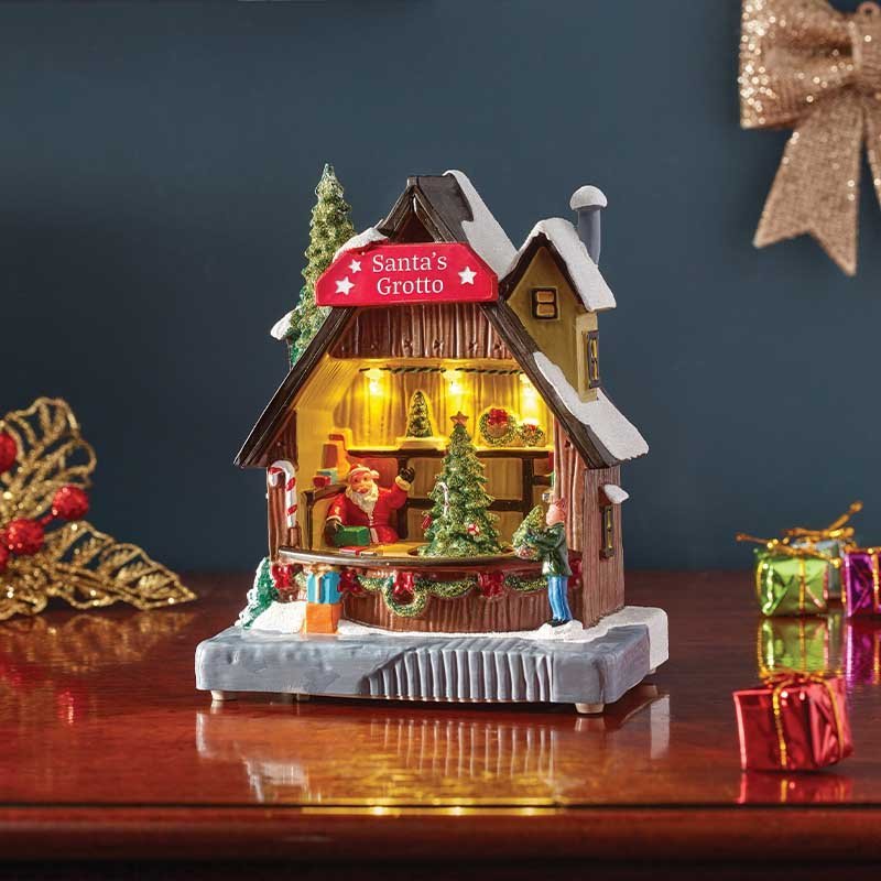 Santa's Grotto Animated Musical SnowScene Christmas Village Piece – 18cm - XMAS CERAMIC WOOD RESIN GLASS ORNAMENTS - Beattys of Loughrea