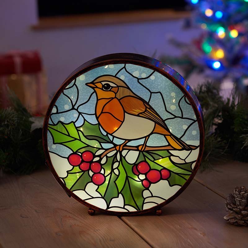 PanelArt Festive Robin Stained-Glass Inspired Tabletop Light – 25cm - XMAS SOFT DECOS - Beattys of Loughrea