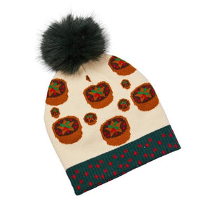 Mince Pie Luxury Winter Knitted Beanie Hat with Faux Fur Pom-Pom - XMAS CLOTHING Christmas clothing human and pet - Beattys of Loughrea