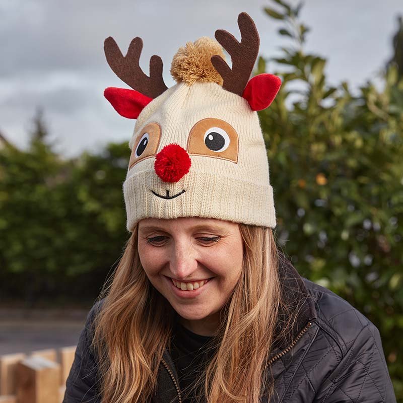 Reindeer Luxury Winter Knitted Beanie Hat with Antlers and Pom-Pom - XMAS CLOTHING Christmas clothing human and pet - Beattys of Loughrea