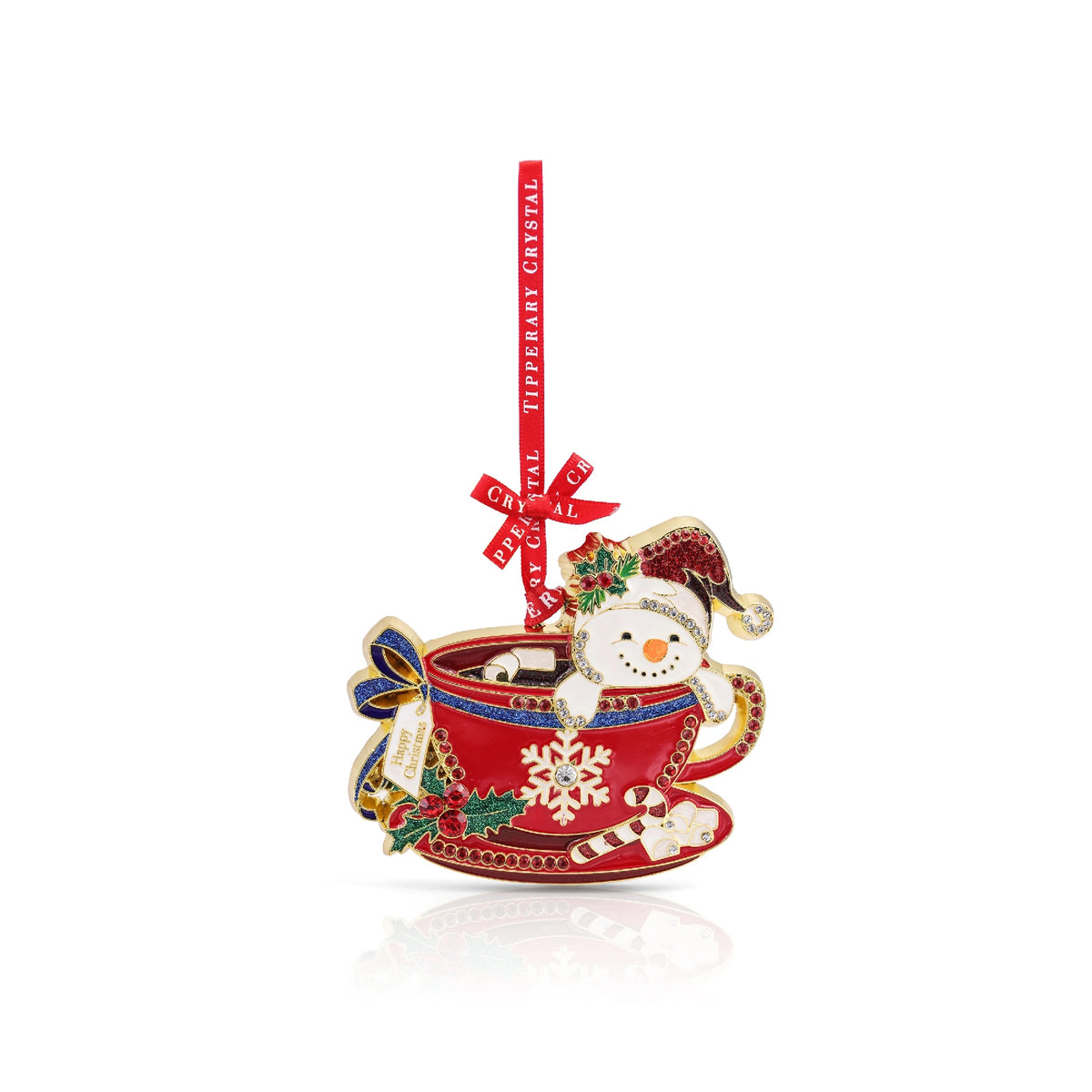 Tipperary Crystal Sparkle Snowman in a Teacup Hanging Decoration - XMAS HANGING DECOS - Beattys of Loughrea