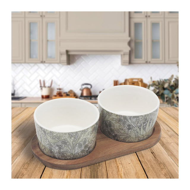 William Morris Artichoke Snack Bowls on Wooden Tray, Set of 2