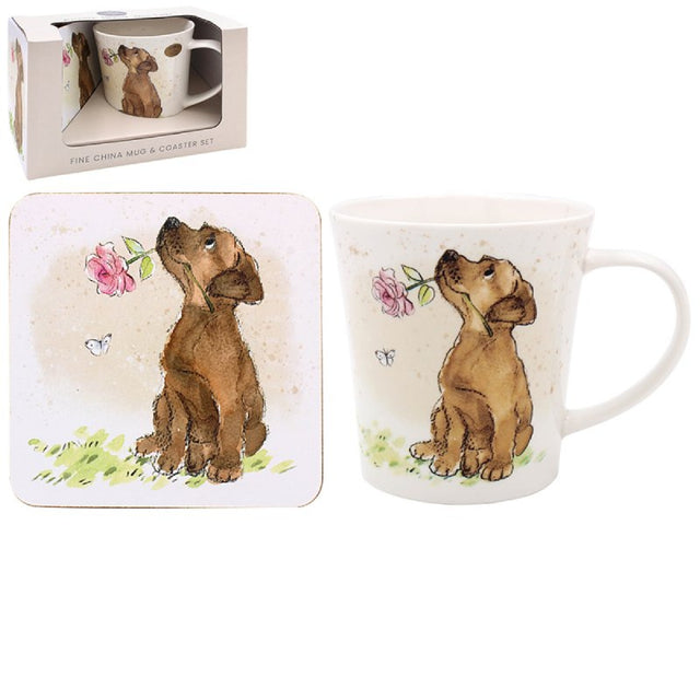 Dog With Rose Mug & Coaster Set - MUG SETS - Beattys of Loughrea