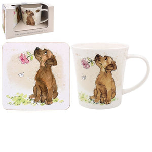 Dog With Rose Mug & Coaster Set - MUG SETS - Beattys of Loughrea