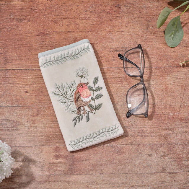 R13 BIRD SONG COTTON VELVET WITH GLASS BEADS ROBIN GLASSES CASE 4BS109