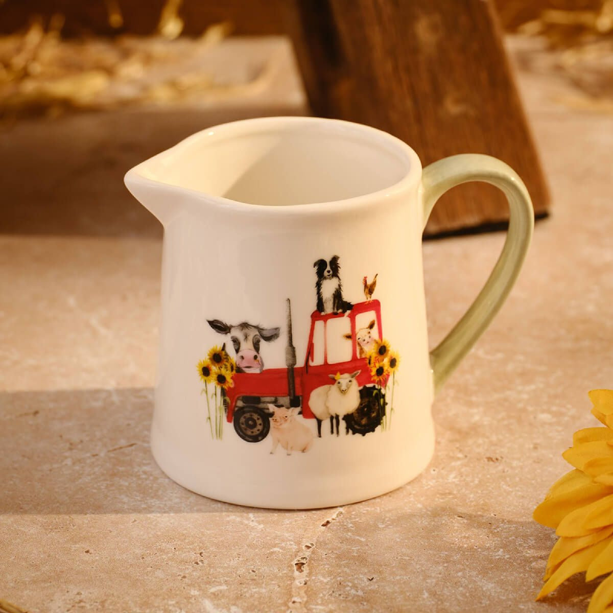 R13 RURAL FARM STONEWARE TRACTOR AND ANIMAL SCENE MILK JUG 7RU119