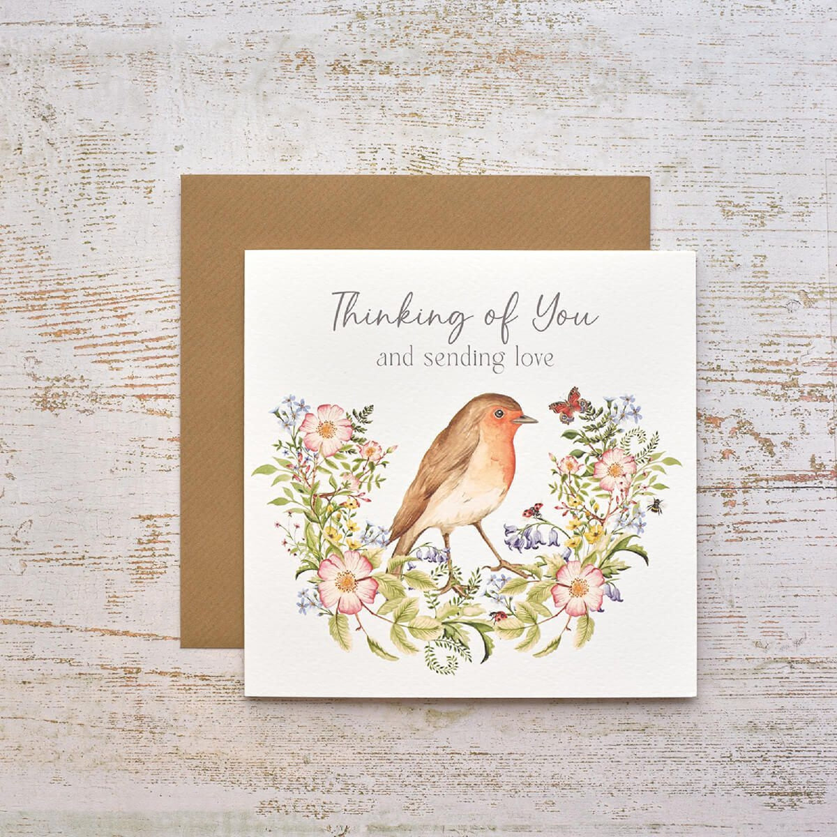 R13 GARDEN BIRDS ROBIN WITH FLOWERS THINKING OF YOU CARD 4GB212