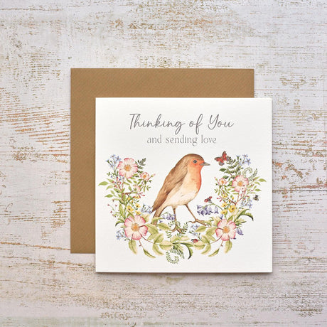 Garden Birds Robin with Flowers Thinking of You Card - CARD/GIFTWRAP/GIFTBAGS - Beattys of Loughrea