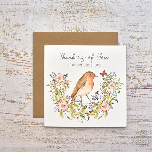 R13 GARDEN BIRDS ROBIN WITH FLOWERS THINKING OF YOU CARD 4GB212