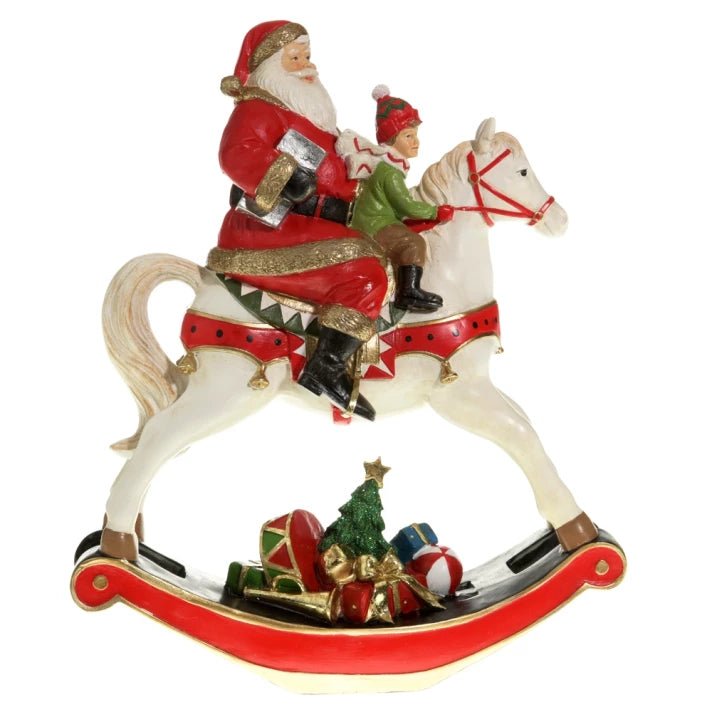 Decoris Santa and Child on a Rocking Horse, 34cm - XMAS CERAMIC WOOD RESIN GLASS ORNAMENTS - Beattys of Loughrea