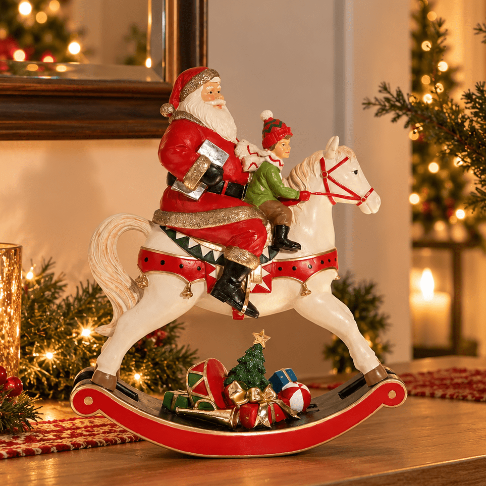 Decoris Santa and Child on a Rocking Horse, 34cm - XMAS CERAMIC WOOD RESIN GLASS ORNAMENTS - Beattys of Loughrea